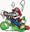 Mario holding the Super Scope while standing on a knocked out Yoshi in Yoshi's Safari