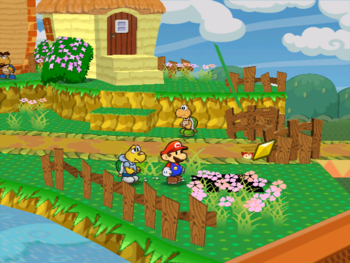 Mario getting the Star Piece under a hidden panel near the east gate of Petalburg in Paper Mario: The Thousand-Year Door.