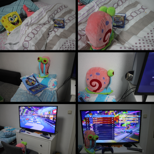 Six photographs are shown in comic format, arranged left to right, top to bottom. In the first, Spongebob and Patrick are asleep on a couch, with a copy of Sonic Racing: CrossWorlds nearby. In the second, Gary is shown getting close to the Sonic Racing: CrossWorlds case. In the third, Gary is shown opening the Sonic Racing: CrossWorld case. The fourth shows Gary inserting the Sonic Racing: CrossWorlds disc into the PS5, with the fifth showing Gary playing CrossWorlds as Mikuuuuuu!!!!!. The sixth and final panel shows Gary has won the race!!!