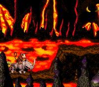 Rambi the Rhino performing a supercharge into a wall, which leads to the first Bonus Level of Red-Hot Ride