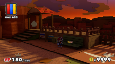 Mario near the Holo-Peach PR-M6 in Tangerino Grill of Paper Mario: Color Splash.