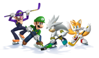 Artwork of Waluigi, Luigi, Silver and Tails from Mario & Sonic at the Sochi 2014 Olympic Winter Games
