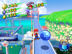 Mario stands at a Blue Coin in Ricco Harbor of Super Mario Sunshine