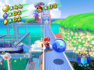 Mario stands at a Blue Coin in Ricco Harbor of Super Mario Sunshine