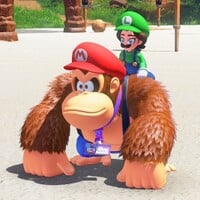 Donkey Kong and Pauline dressed as Mario and Luigi respectively, during the Super Mario Bros. 40th Anniversary event.