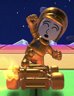 The Gold Mii Racing Suit performing a trick.
