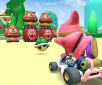 Thumbnail of the Funky Kong Cup challenge from the 2023 Doctor Tour; a Goomba Takedown challenge set on DS Peach Gardens
