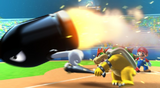 Bowser emerges out of nowhere and prepares to use his bat to hit the Bullet Bill.