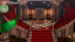 Mario standing near 2 Healing Hearts in Bowser's Castle of The Origami King.