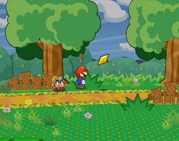 Mario getting the Star Piece in a clump of grass in Petal Meadows, just to the right of Petalburg, in Paper Mario: The Thousand-Year Door.