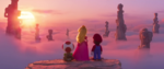 Mario, Peach, and Toad looking at a cloudy mountain area