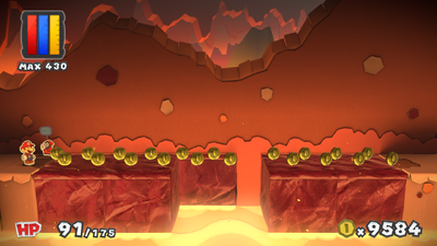 Mario near 20 Coins in Redpepper Crater of Paper Mario: Color Splash.