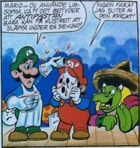 Luigi pouring some Antipaste on Mario's face in the Super Mario Bros. comic "Elect Mario for Man of the Year"