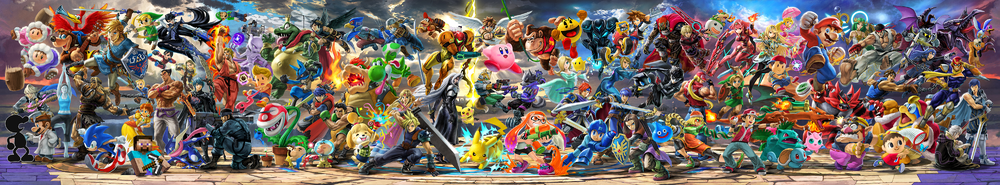 Complete panoramic with all DLC characters in Super Smash Bros. Ultimate.