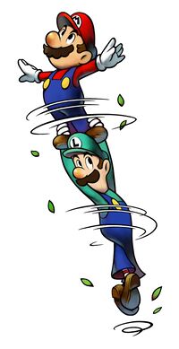 Mario & Luigi: Superstar Saga artwork: Mario and Luigi performing the Spin Jump together