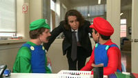 A Super Mario reference on a television program, where Mario and Luigi's con-canon agent Tracy Murray (played by Cosmo Renfree) suggests to them that they need to get a new look.