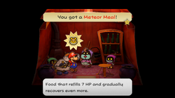 Mario getting a Meteor Meal from Eve in Twilight Town of Paper Mario: The Thousand-Year Door for Nintendo Switch.