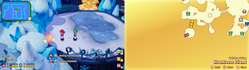Mario and Luigi near a Sprite Bulb Nest on Heatfreeze Island of Mario & Luigi: Brothership.