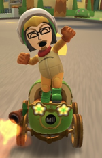 The Hammer Bro Mii Racing Suit performing a trick.