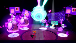 Gameplay of Dark Space & the Great Meteor, specifically the dashboard hacking in section 2, showing Mighty Peach, four Sour Bunch aliens (Two of them on descending meteor-esque spheres), Mighty Sparkla imprisoned (It is unknown whether he was in stasis, a coma or merely exhausted at that point in the level), Professor trying to hack into the control panel of the prison, and a Ninja Theet's curtain being very faintly visible to Professor's right.