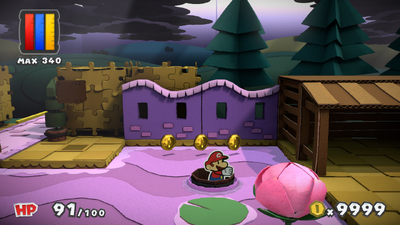 Mario near 3 Coins in Plum Park of Paper Mario: Color Splash.
