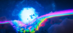 The Blue Shell's impact destroying part of Rainbow Road