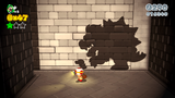 Luigi seeing Captain Toad afraid of the cardboard Bowser in Shadow Play Alley.