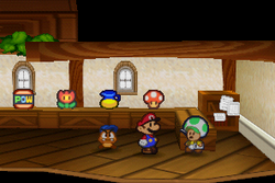 Image of Mario and Goombario in Shroom Grocery in Toad Town, in Paper Mario.