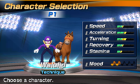 Waluigi's stats in the horse racing portion of Mario Sports Superstars