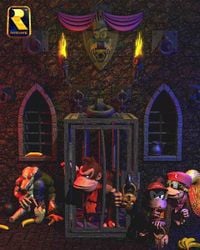 Donkey Kong Country 2: Diddy's Kong Quest artwork of Diddy Kong and Dixie Kong next to Donkey Kong's cage, guarded by a Klampon, in a castle-themed area