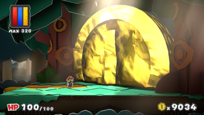 Mario near a Coin in Mondo Woods of Paper Mario: Color Splash.