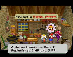 Mario getting a Honey Shroom from Zess T. in Rogueport of Paper Mario: The Thousand-Year Door.