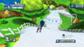 Sonic skiis down a hill.
