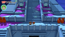 Mario standing near 4 vases, with each containing a Small Bag of Confetti in Temple of Shrooms of The Origami King.