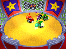 Bumper Balloon Cars: Players competing against each other by popping their balloons on the back; with Wario already eliminated under a second. From Mario Party 2.