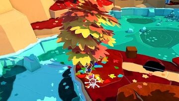 A group of 3 hidden Toads in Autumn Mountain, all disguised as origami leaves in a tree near the river.
