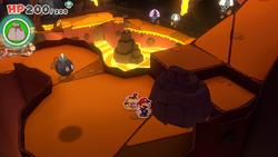 Mario standing near one of the two rocks containing a Healing Heart each in Hotfoot Crater of The Origami King.