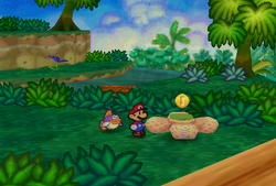 Mario finding a Coin from a Muchlesia in Jade Jungle of Paper Mario.