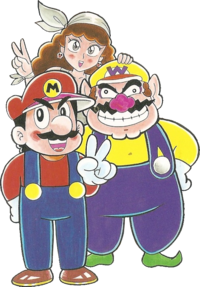 Mario, Wario, and Captain Syrup illustration from the back of the manga cover. From the Super Mario Land 3: Wario Land arc.