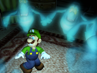 Artwork of Luigi being surrounded by the unused light blue ghosts.