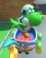 Yoshi (Egg Hunt) performing a trick in Mario Kart Tour.