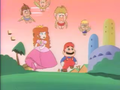 Mario and Princess Toadstool running away from the dinosaurs and the Chickadactylified cave people.