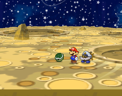 Mario after destroying the rock containing a Courage Shell on the Moon of Paper Mario: The Thousand-Year Door.