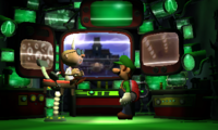 A screenshot of a Luigi's Mansion: Dark Moon cutscene involving Professor E. Gadd and Luigi, showing an earlier version of the Bunker.