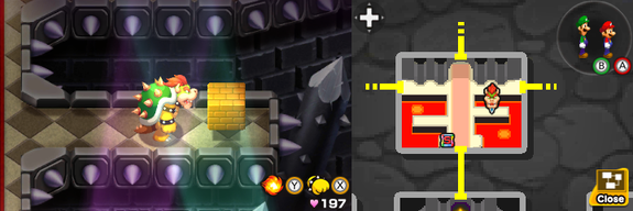 Second block in Bowser's Castle of Mario & Luigi: Bowser's Inside Story + Bowser Jr.'s Journey.