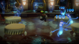 Luigi using the Burst function on four blue ghosts
