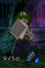 Luigi collecting Mario's Letter in the game Luigi's Mansion.
