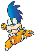 Super Mario World: Artwork of Larry Koopa, having four visible fangs from his mouth