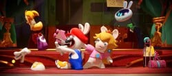 Rayman meets Rabbid Peach, Rabbid Mario and Beep-0 during the Golden Ticket to Fame main Quest in Mario + Rabbids Sparks of Hope