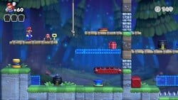 Screenshot of Mystic Forest Plus level 7-3+ from the Nintendo Switch version of Mario vs. Donkey Kong